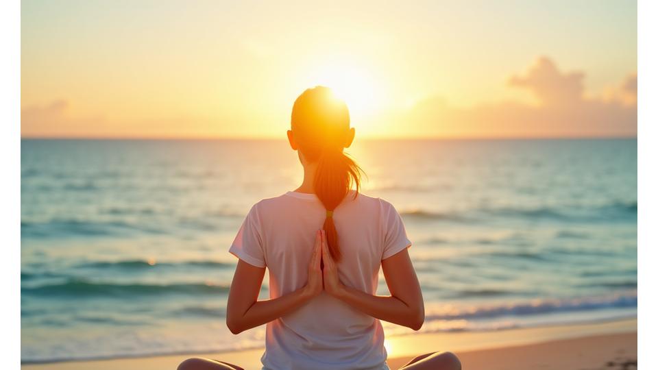 Woman practicing mindful meditation at sunrise on a tranquil Miami beach.
