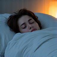 Person sleeping peacefully in a dimly lit room.