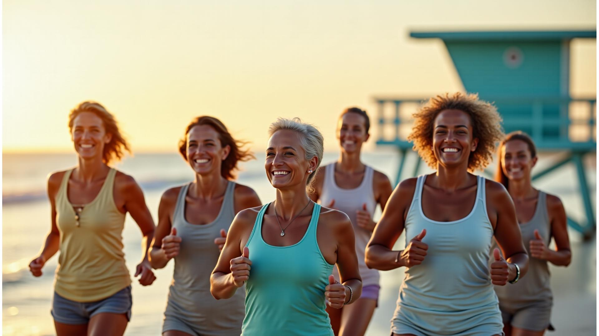 Diverse group of active, smiling adults enjoying a sunny morning on Miami Beach, stretching and jogging near the ocean, conveying vitality and joy.
