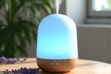 Modern essential oil diffuser with soft mist and botanical elements.