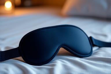 Luxury silk sleep mask shown on a bedside table.