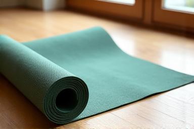 Premium, textured yoga mat unrolled on a wooden floor in a bright wellness studio.