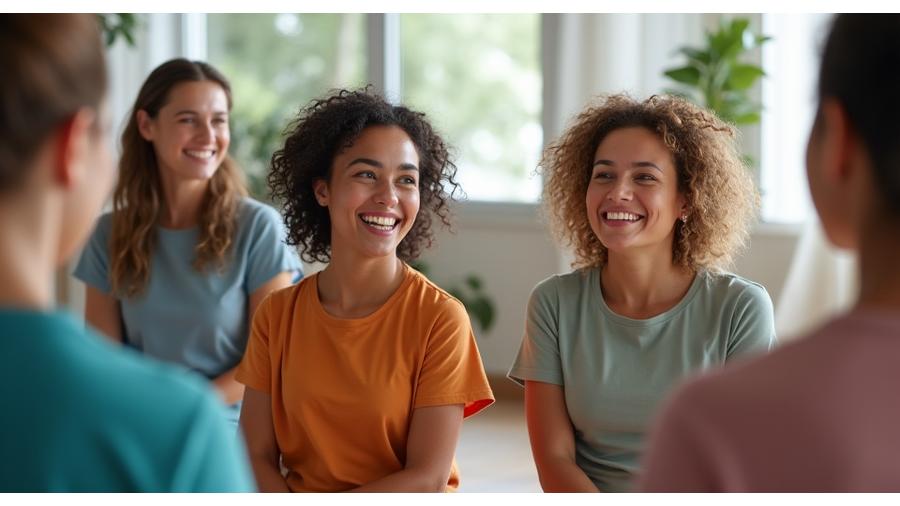 Diverse group of adults laughing and interacting in a bright, modern wellness workshop