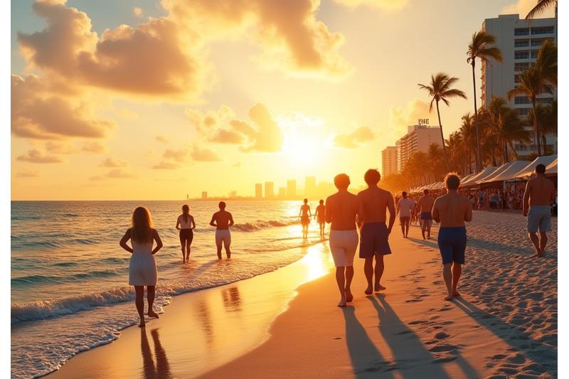 Vibrant Miami beach scene with people exercising and a distant city skyline