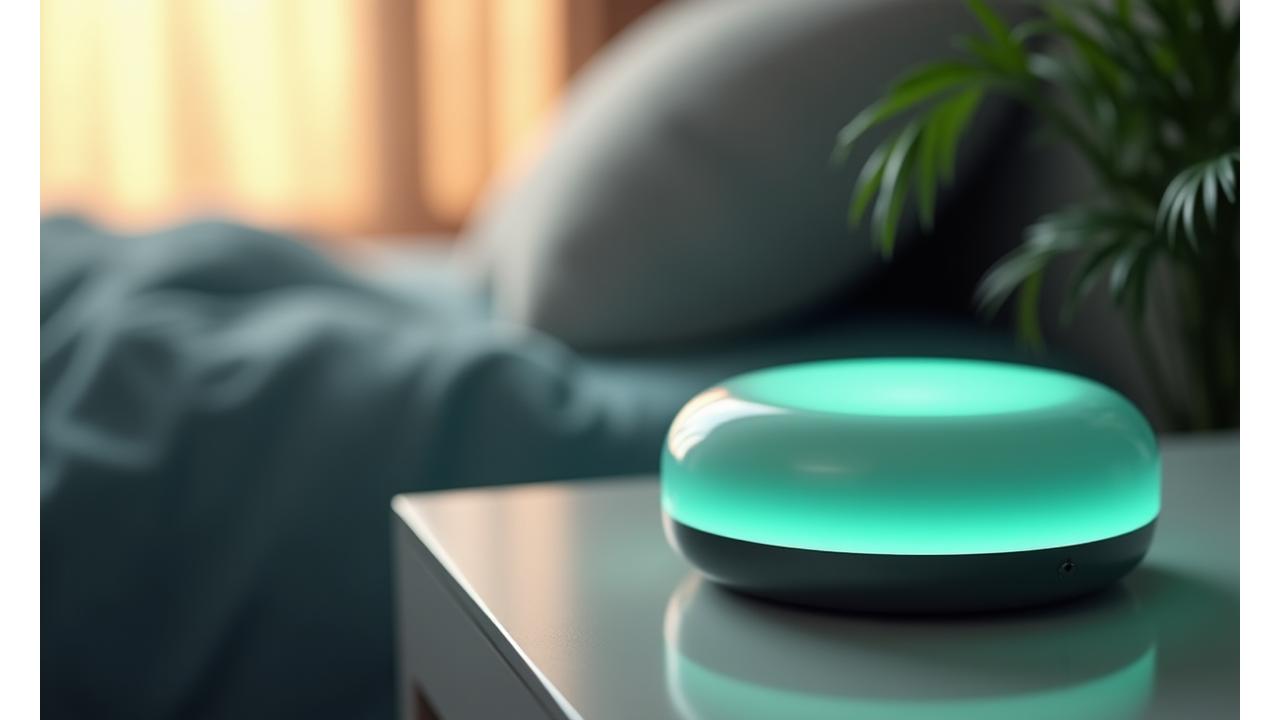 AuraSync Sleep Monitor device on a modern bedside table, subtly glowing