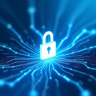 Abstract illustration of secure data flowing through a digital lock, symbolizing privacy and protection.