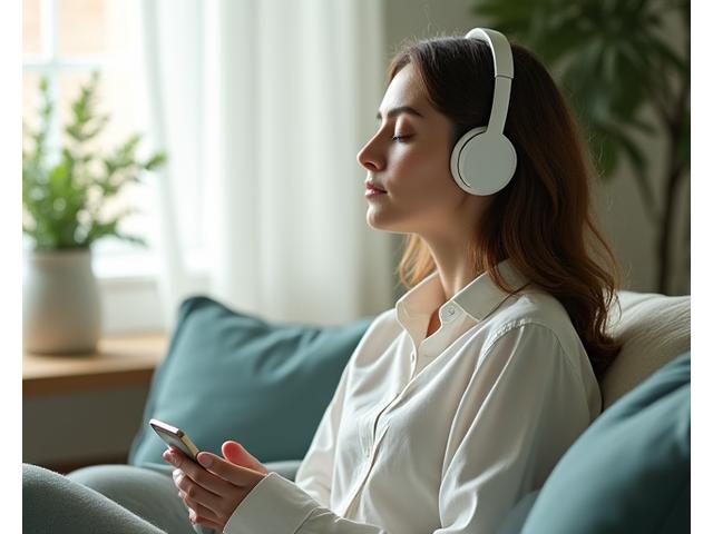 Person with headphones meditating calmly in a serene, sunlit room, with a digital device showing a meditation app.