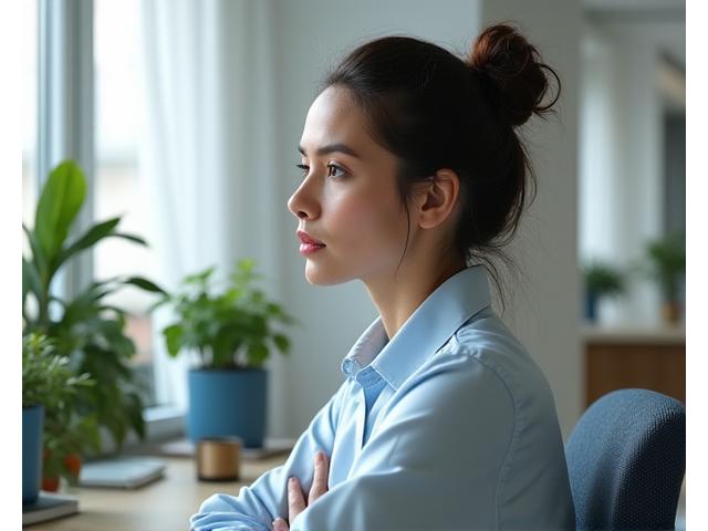 Professional in a modern office taking a mindful pause with calming tools, illustrating work-life balance.