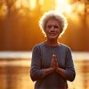 Golden light illuminating an older woman practicing gentle yoga, symbolizing healthy aging and vitality