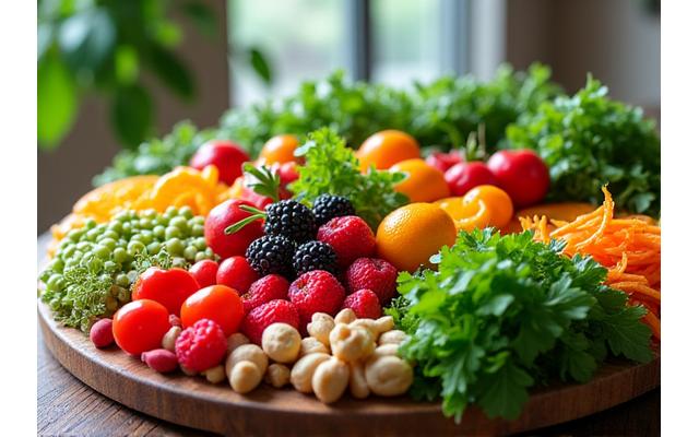 Table laden with vibrant, fresh, healthy foods like fruits, vegetables, and whole grains, illuminated by natural light
