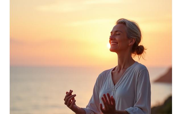 Woman meditating calmly by the ocean, representing mindful aging workshop