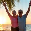 An active senior couple engaging in light stretching outdoors against a Miami coastal backdrop, symbolizing movement and vitality