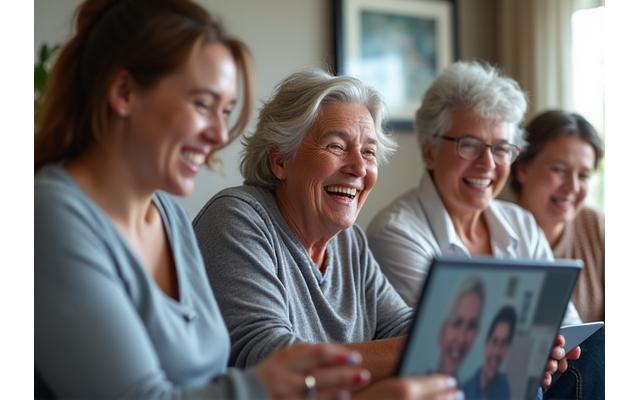 Diverse group of adults engaged in a virtual workshop on stress resilience, laughing and interacting enthusiastically